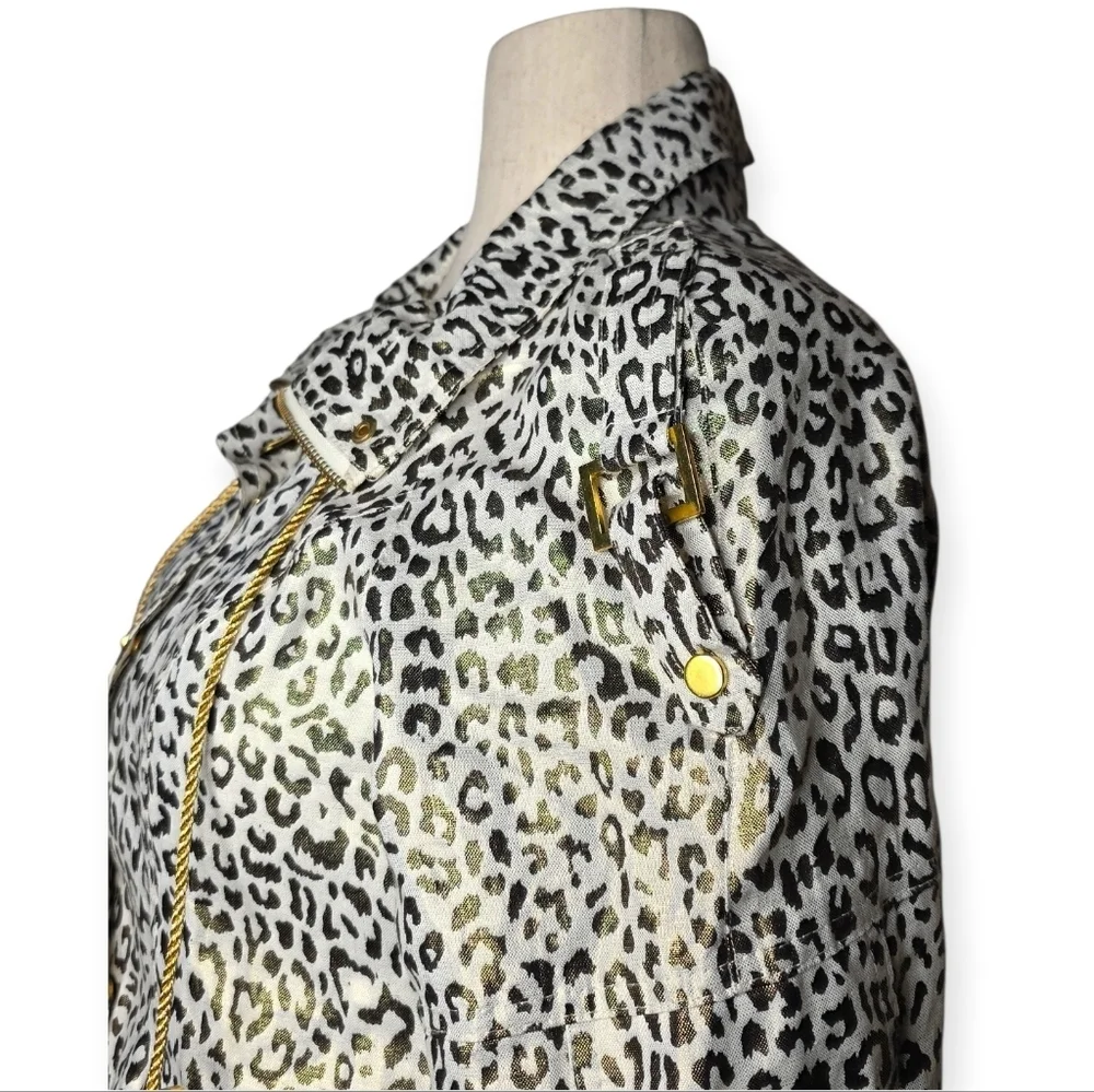 Vintage Just B Leopard Print Linen Jacket Gold Trim M 90s Y2K